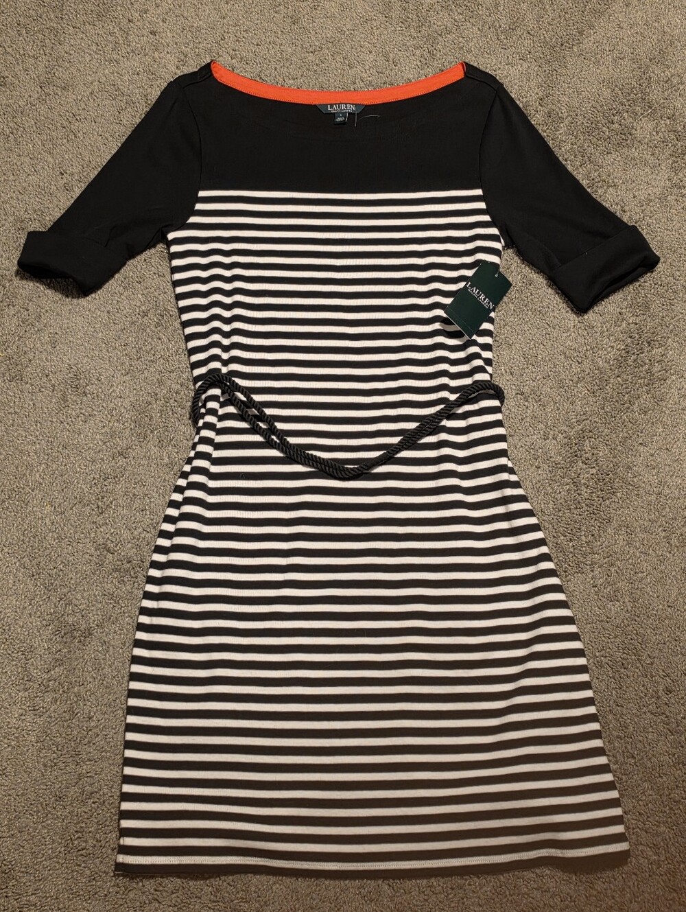 Lauren Ralph Lauren Black & White Striped Nautical Midi Dress NWT Womens Size Lg
